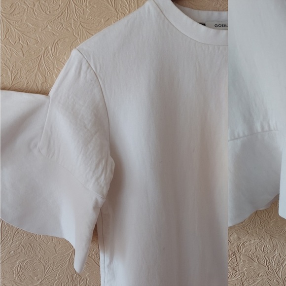 GOEN.J Top White Bell Sleeve Sleeve Cotton Pullover Peplum Ruffle Short Sleeve 6 - Picture 7 of 7
